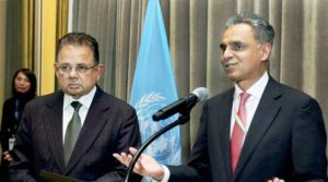 New York: India's Permanent Representative to the United Nations Syed Akbaruddin speaks during a reception in the honour of Justice Dalveer Bhandari (L) at the United Nations in New York on Monday. India's Dalveer Bhandari won the votes in the UN General Assembly to make it to the International Court of Justice after UK pulled out the race. PTI Photo (PTI11_21_2017_000023B)